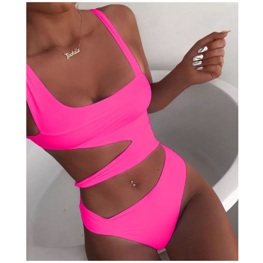 Hot Pink Strappy Cut Out 1Pc Monokini Swimsuit